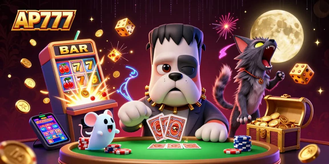 Engage in exciting casino games at AP777 with a colorful illustration of unique characters and vibrant elements.