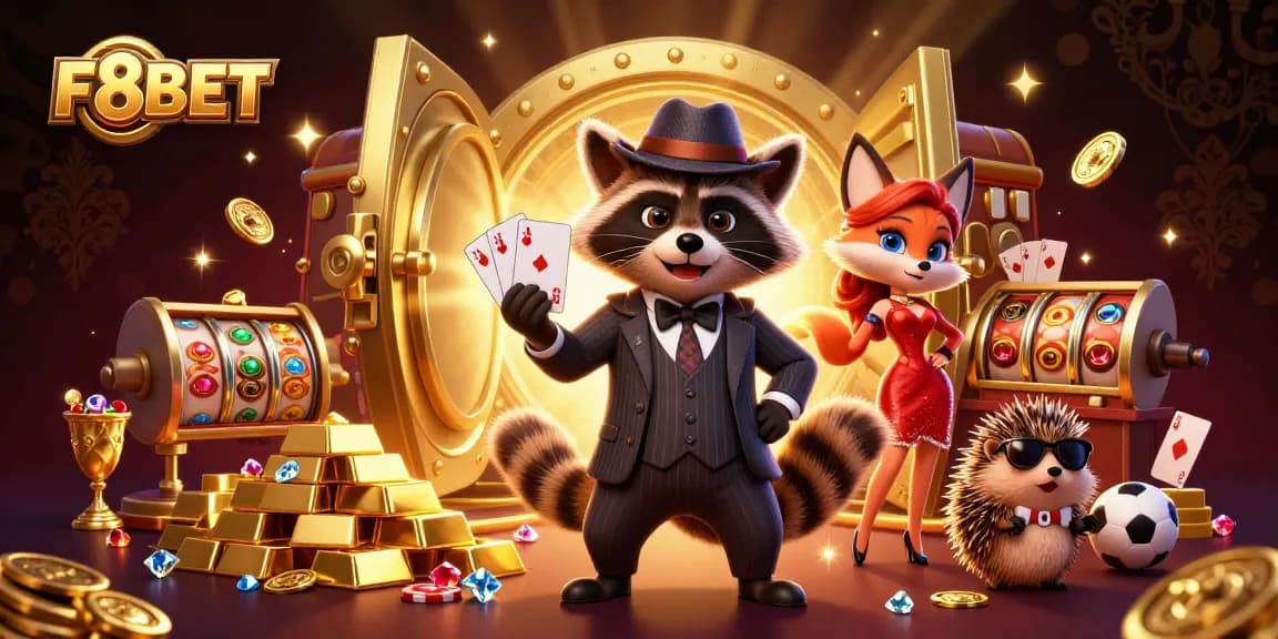Experience gambling excitement at F8BET with a vivid 3D illustration of characters and casino elements.