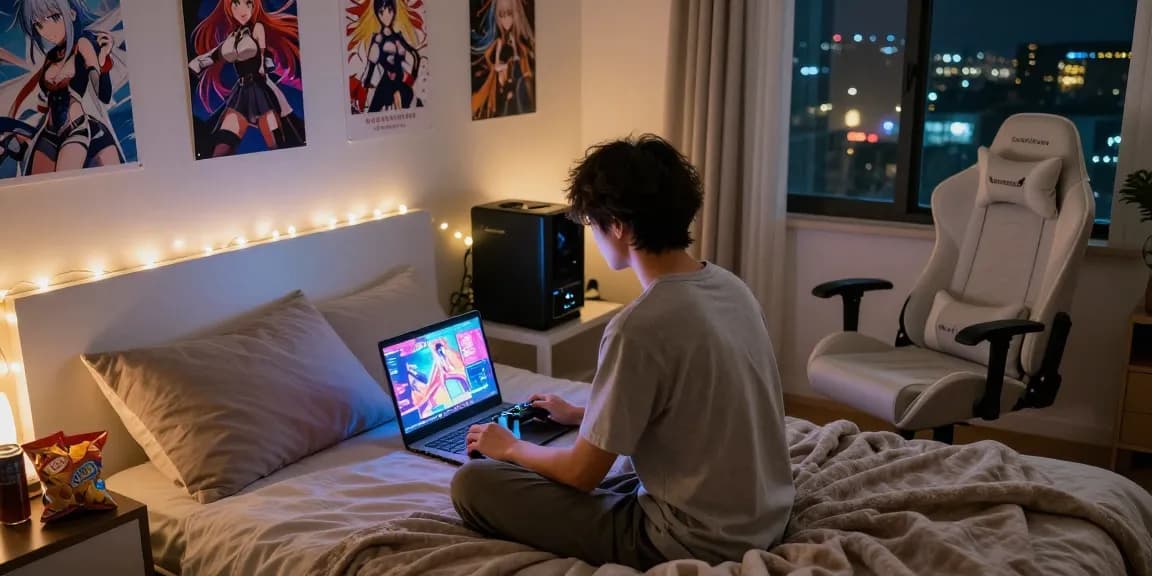 Person enjoying hentai games on laptop in cozy bedroom with gaming decor