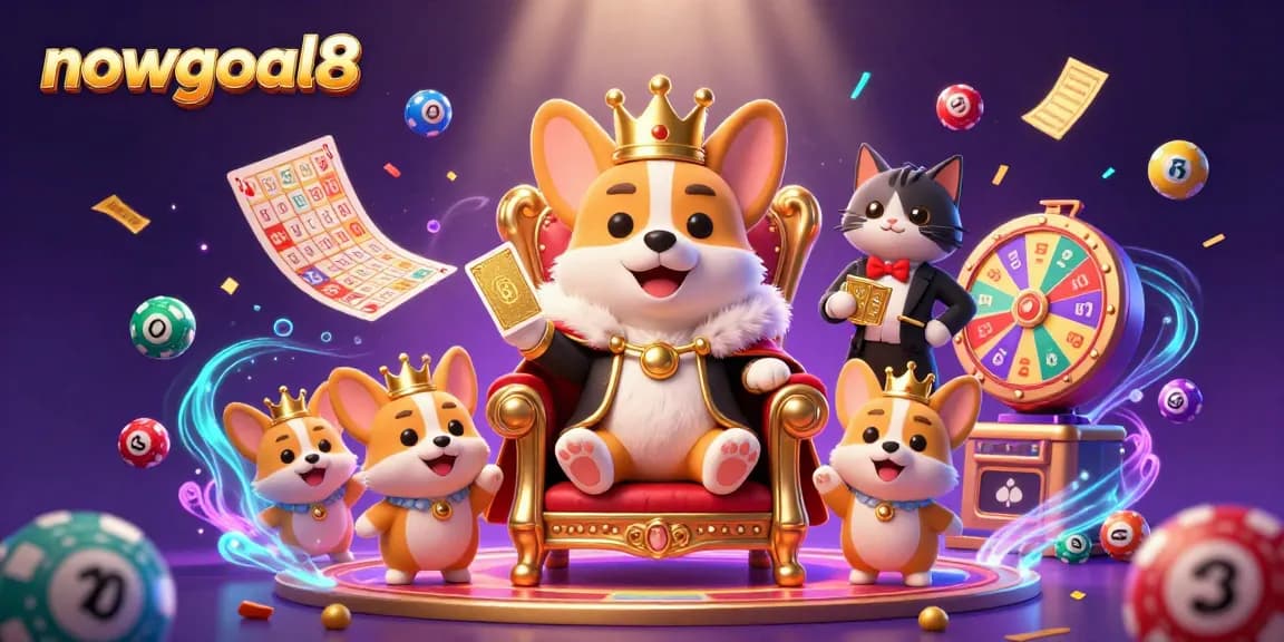 Experience thrilling wins with nowgoal8 as the royal corgi celebrates surrounded by vibrant lottery elements.