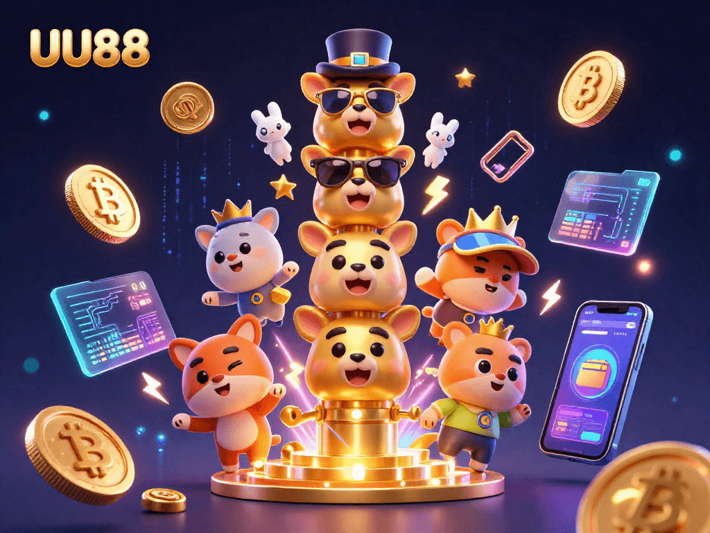 Experience the thrill of UU88 with dynamic casino elements, golden totem, and vibrant crypto animations.
