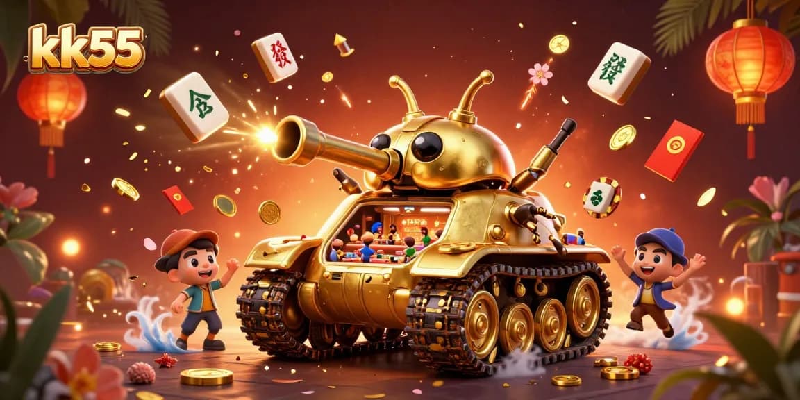 Experience thrilling gameplay at kk55 with golden beetle tank, confetti, and vibrant casino elements.