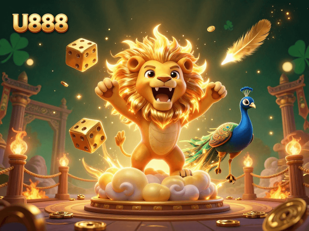 Experience thrilling gaming with U888 featuring a roaring sun lion and golden dice in a vibrant casino scene.