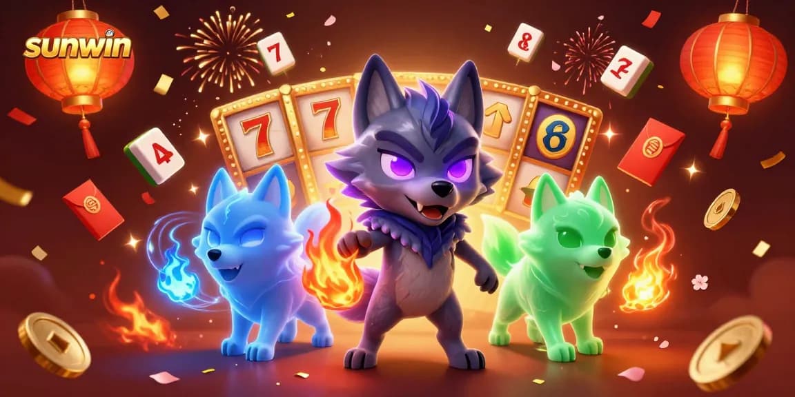 Experience thrilling slots action with sunwin's 3D cartoon wolves amidst glowing casino elements.