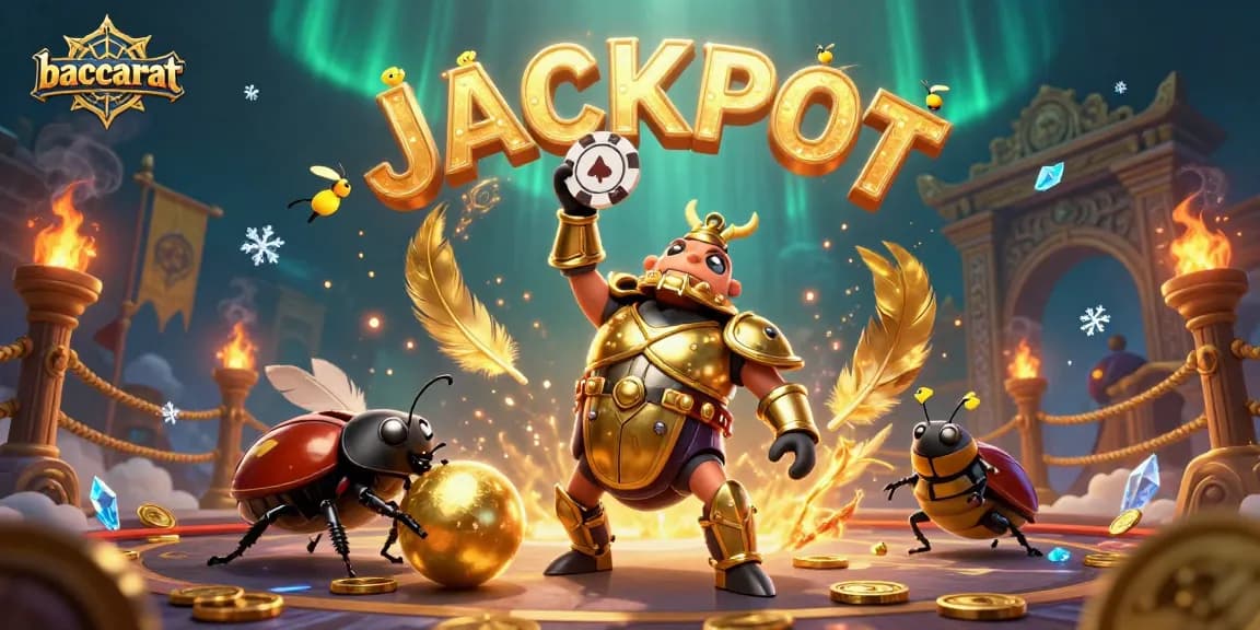 Baccarat game scene with a heroic beetle lifting a poker chip, symbolizing victory.