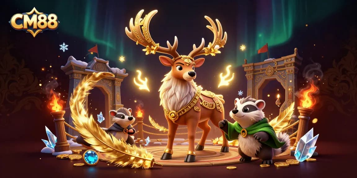 Experience CM88's magical online gaming realm with druid stag and wise badger under the aurora.