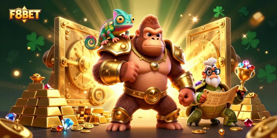 Experience F8BET's vibrant casino scene with a gorilla king and treasures, capturing the thrill of gaming.