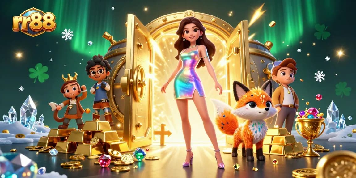 Join the winning action at rr88, featuring a vibrant casino scene with sparkling treasures and a colorful character.