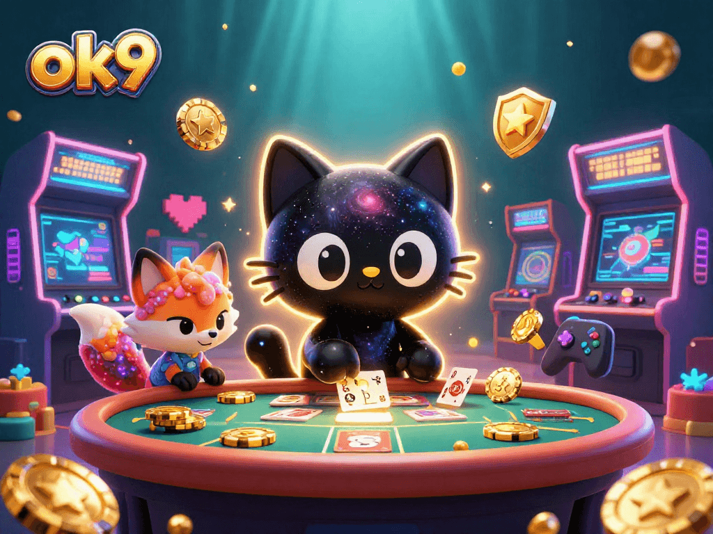 Engage with the universe of ok9, where a black hole cat spins golden chips at a cosmic casino table.