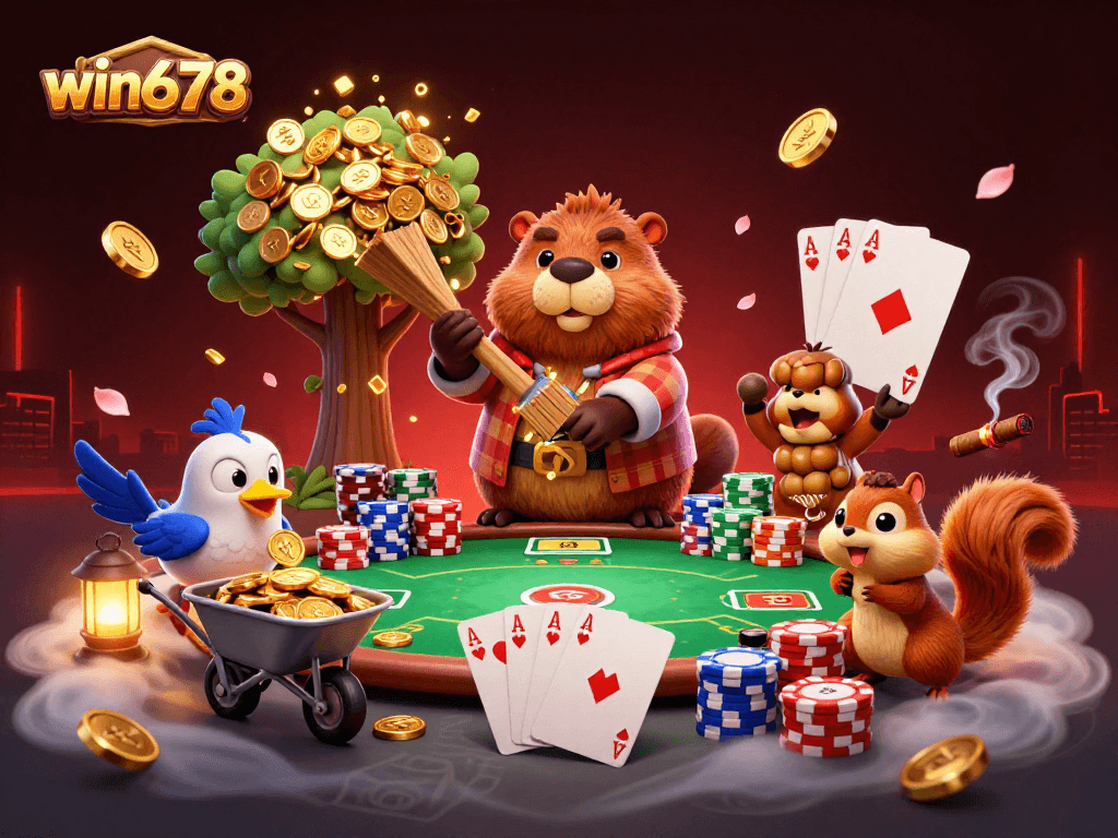 Win678 features a lively beaver and friends celebrating big casino wins with golden coins.
