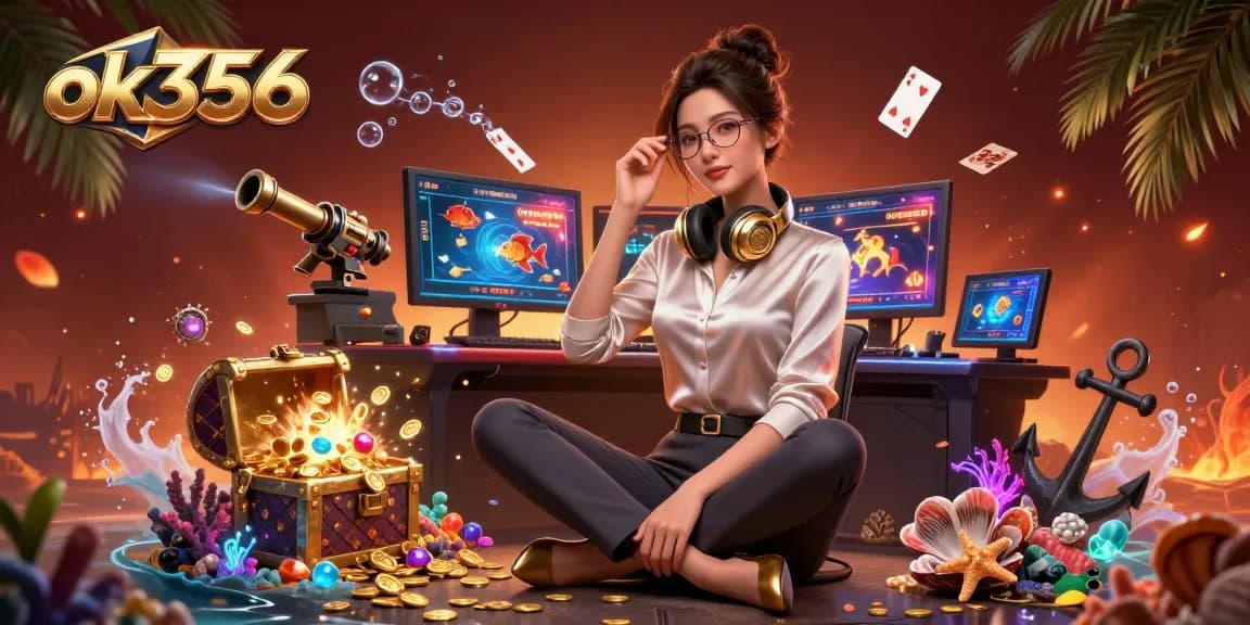 Engaging ok356 casino gaming scene featuring an elegant woman at a high-tech setup amidst vibrant treasures.