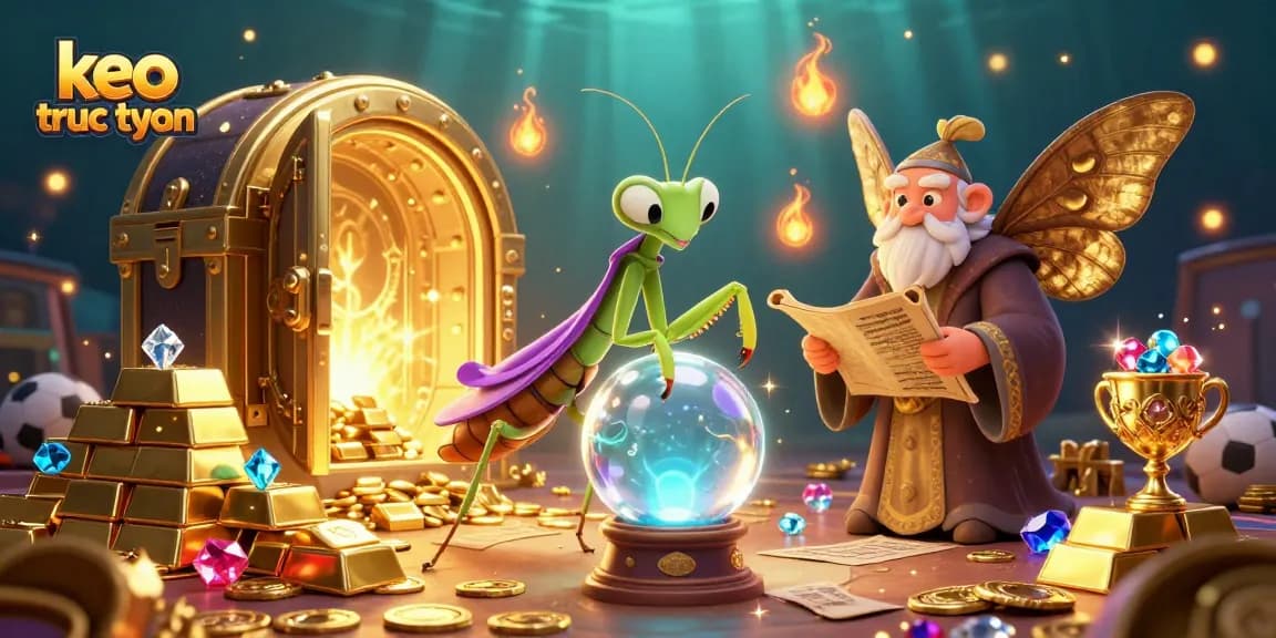 Engage with keo truc tuyen through a vibrant 3D scene featuring sports betting elements and mystical characters.