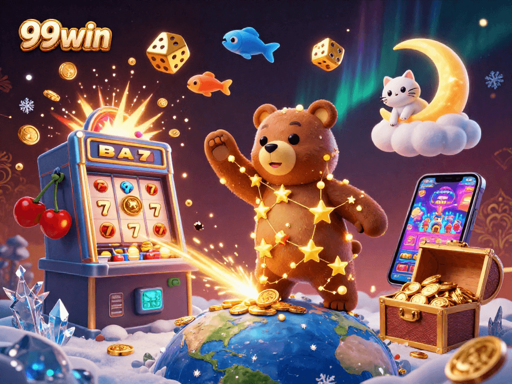 Win big with 99win in this vibrant casino scene filled with excitement and golden rewards.