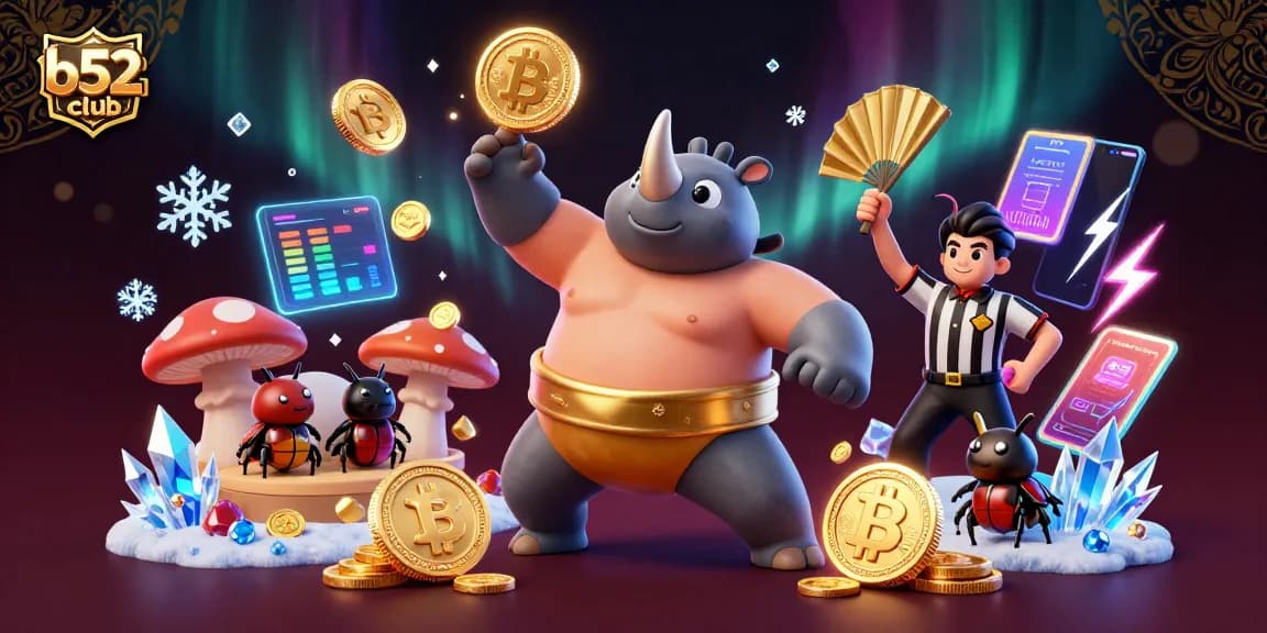 Experience the excitement of b52club with a rhino beetle champion amidst gold coins and blockchain displays.