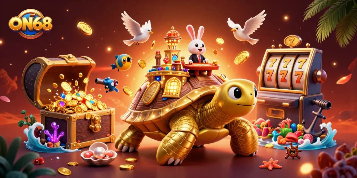 Experience winning jackpots with ON68's vibrant casino adventure featuring a golden tortoise!