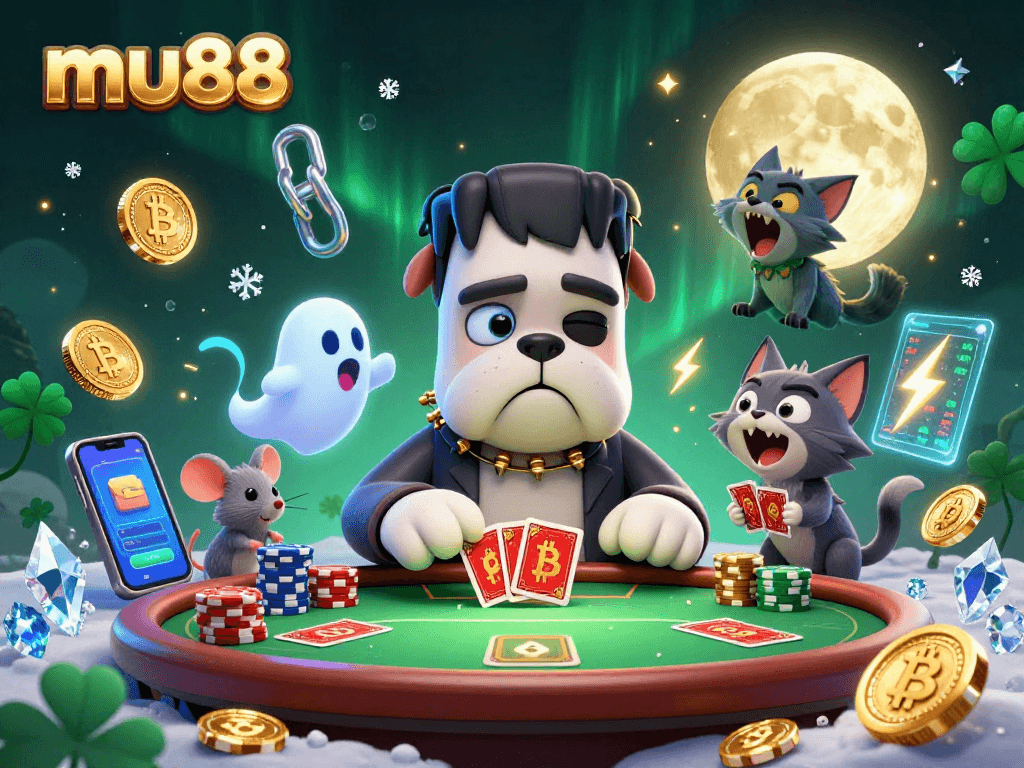 Join a thrilling game at mu88 with a spooky Frankenstein bulldog dealer and cool crypto visuals