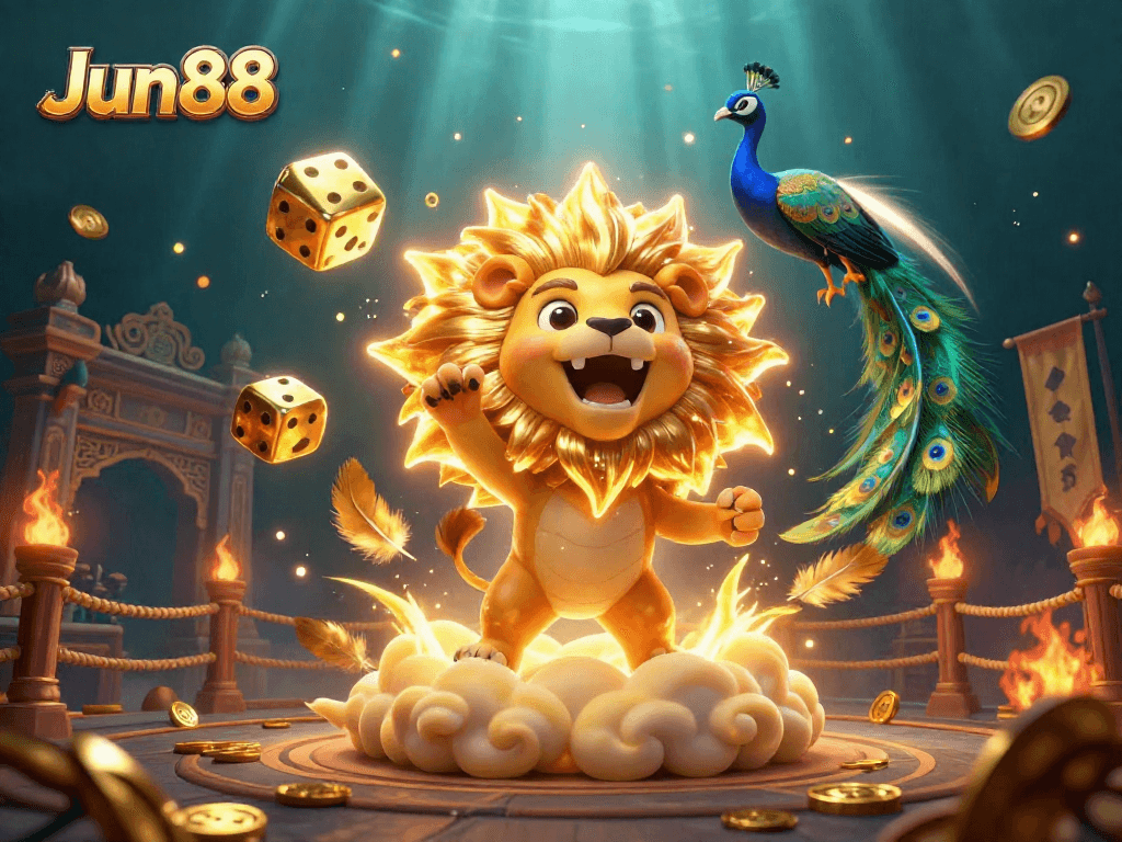 Engage with Jun88's vibrant casino scene featuring a lion, dice, and peacock.