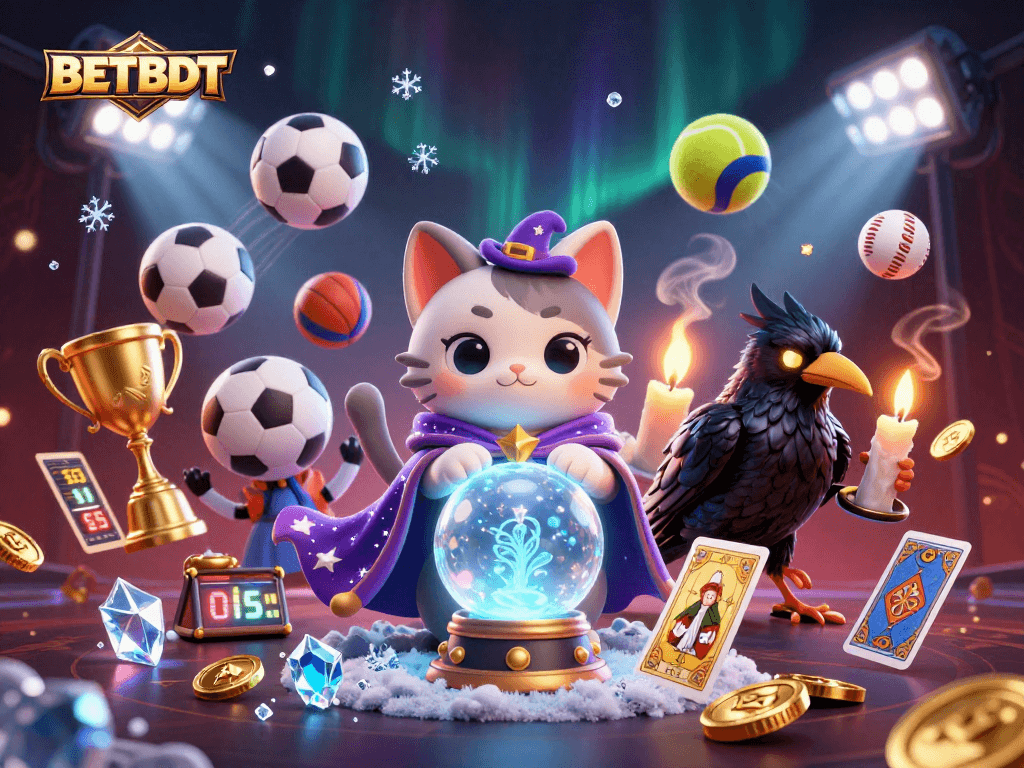Experience BETBDT's immersive gaming through a captivating 3D scene featuring fortune teller cat and tarot raven.
