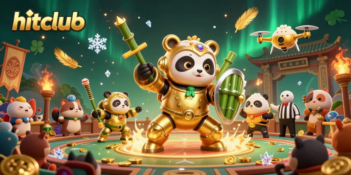 Experience thrilling action with hitclub's vibrant 3D cartoon arena of a golden panda in a mech-suit battling in style.
