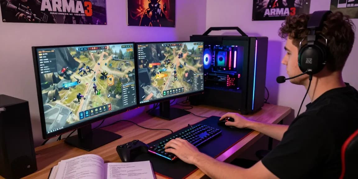 Gamer engaged in ArmA 3 Cheats on a high-end gaming setup, showcasing tactical gameplay.