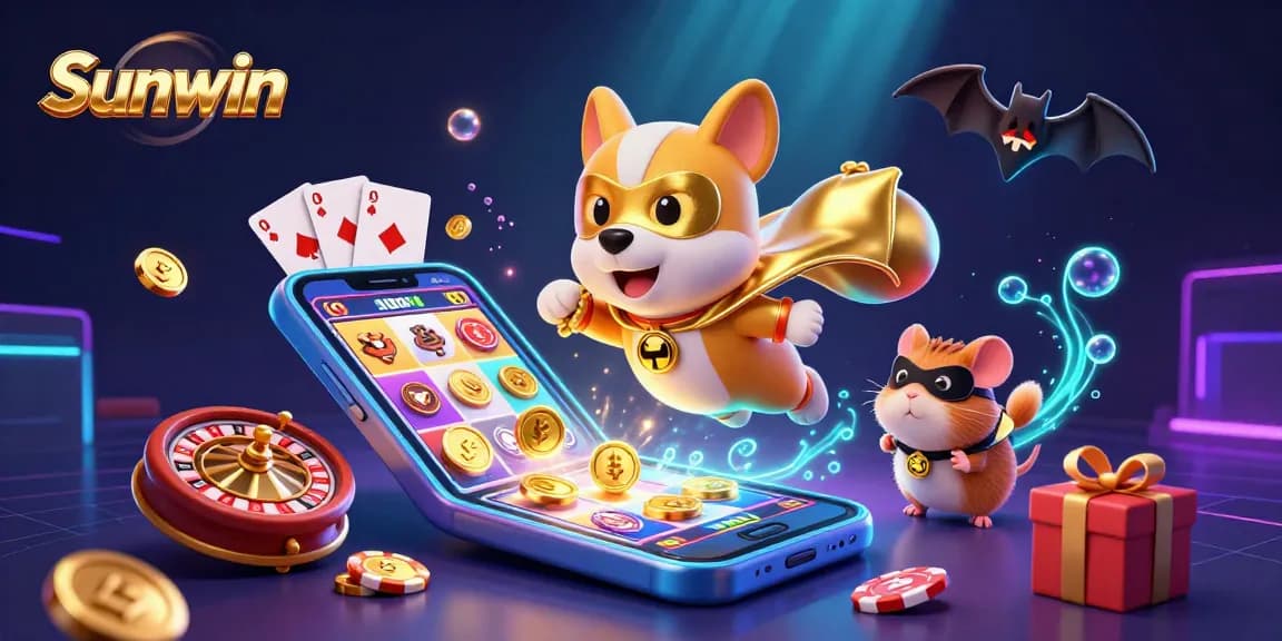 Experience the thrill of Sunwin with a superhero dog and hamster amidst dynamic casino games.