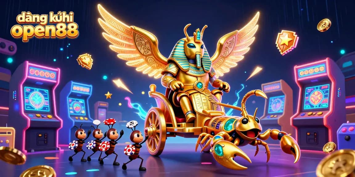 Experience the thrill of đăng ký open88 with this vibrant 3D casino illustration featuring a golden beetle and scorpions.