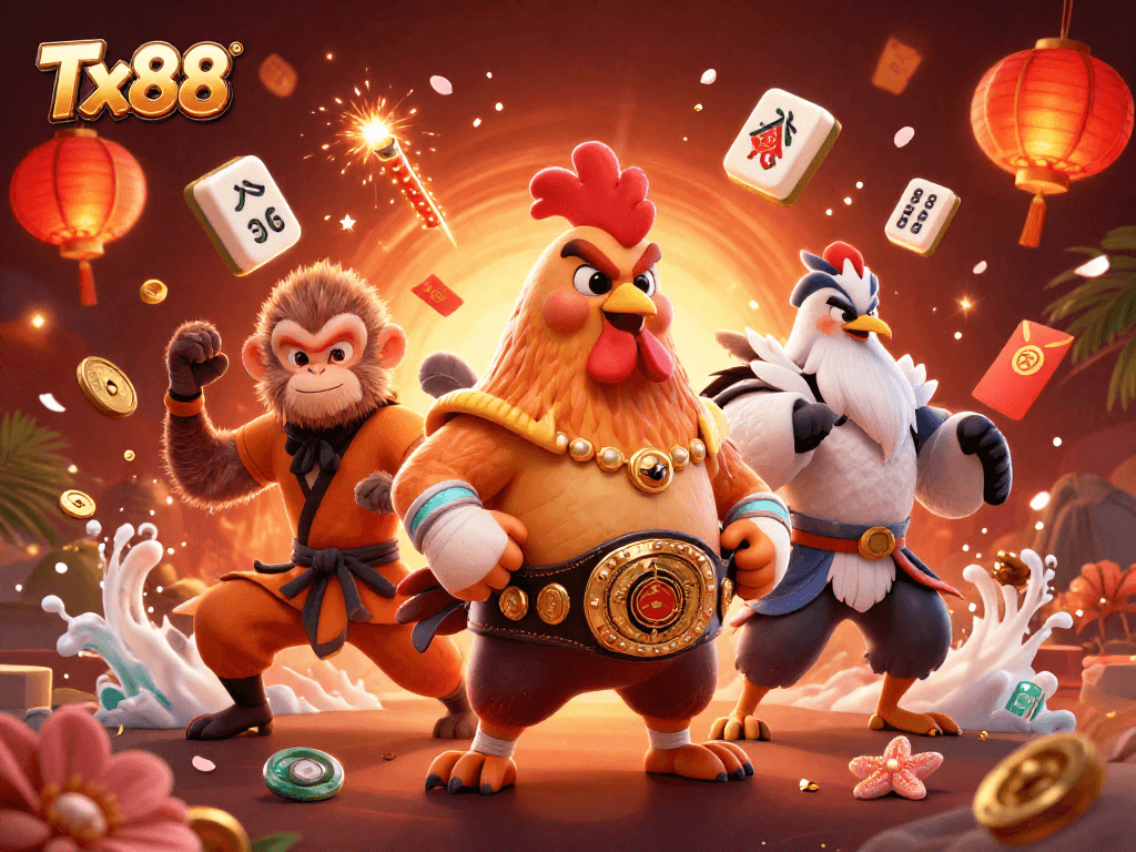 Enhance your experience with Tx88's dynamic 3D casino scene featuring vibrant characters and gambling elements.