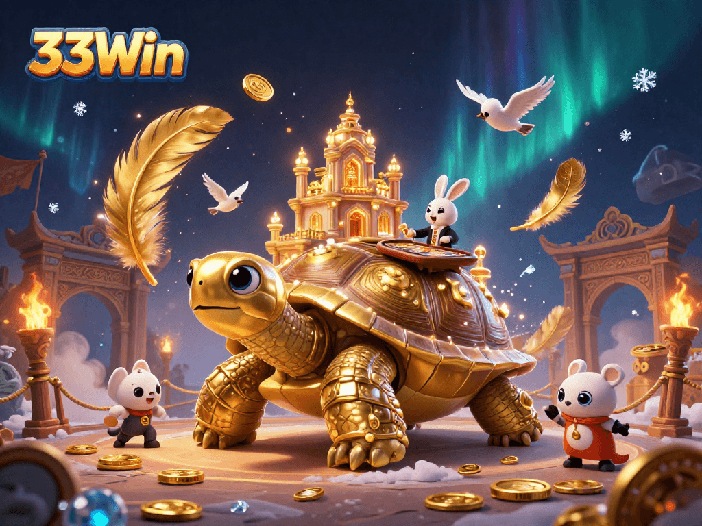 Engage with 33Win's vibrant casino adventure featuring a golden tortoise and rabbit dealer amidst coins.