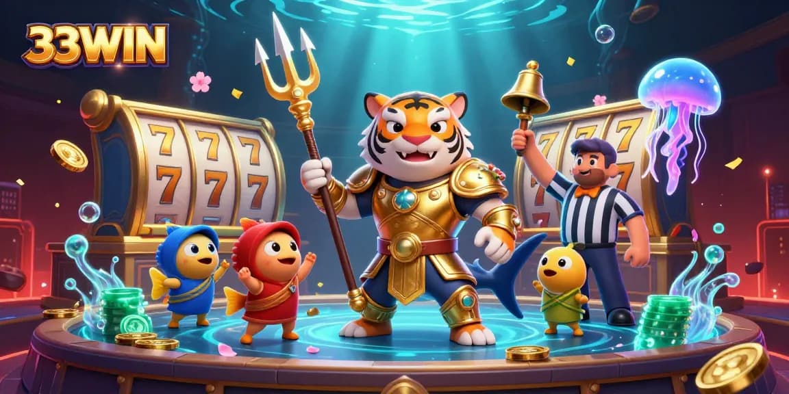 Experience the thrill at 33WIN with dynamic slot reels featuring lucky 7s and dazzling coins.