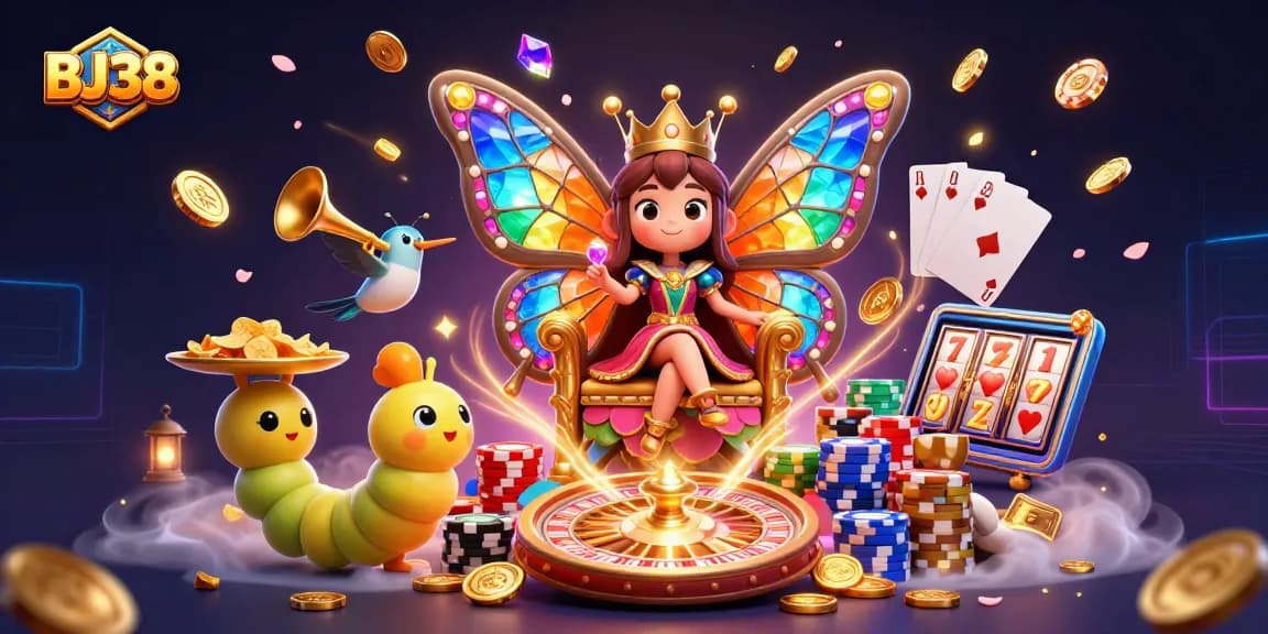 Experience the excitement of BJ38 with vibrant characters, golden chips, and dynamic game elements.