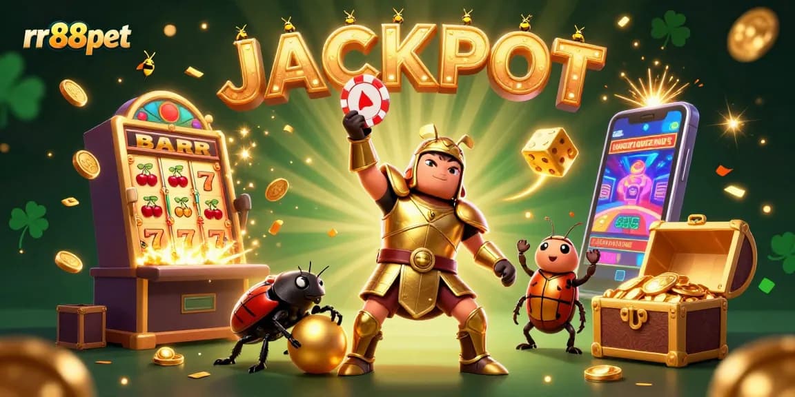 rr88pet celebrates with a beetle lifting a poker chip amid a jackpot explosion of gold and casino elements.