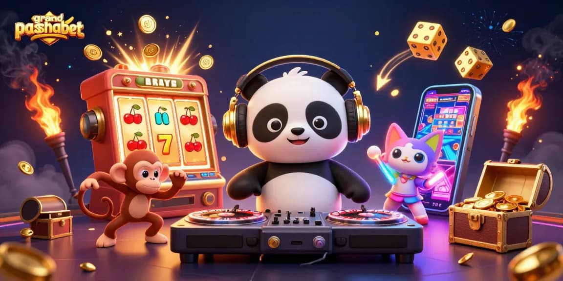 Engage with grandpashabet through dynamic casino scenes featuring a DJ panda, dancing monkey, and glow-stick kitten.
