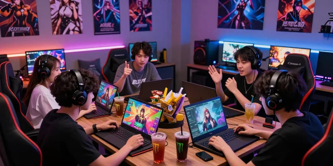 Players enjoying hentai games on mobile and laptops in a vibrant gaming room.