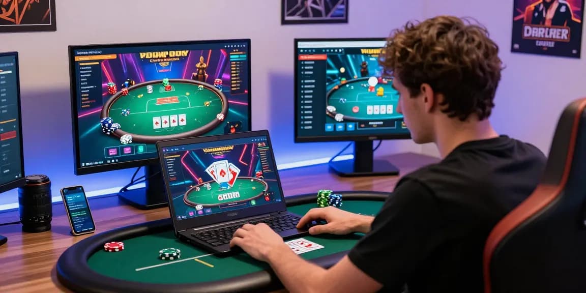 Dewapoker player in vibrant online gaming setup engaged in live poker match with digital tables.