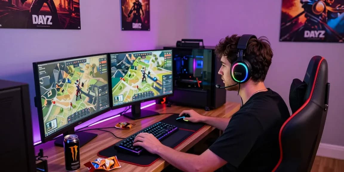 Gamer using DayZ Cheat on dual monitors in a vibrant gaming setup.