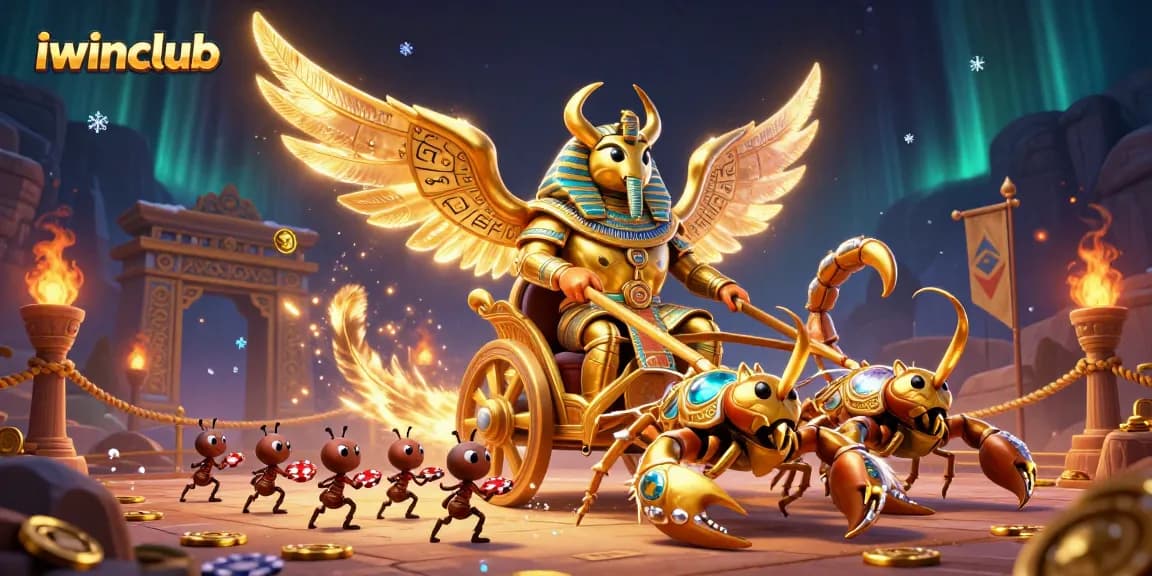 Engage in thrilling iwinclub adventures with a golden scarab beetle and scorpions amidst vibrant casino elements.