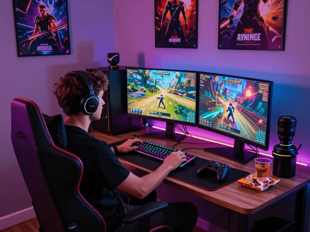 Immersive gaming setup showcasing vibrant porn games on dual monitors, highlighting gaming equipment and atmosphere.