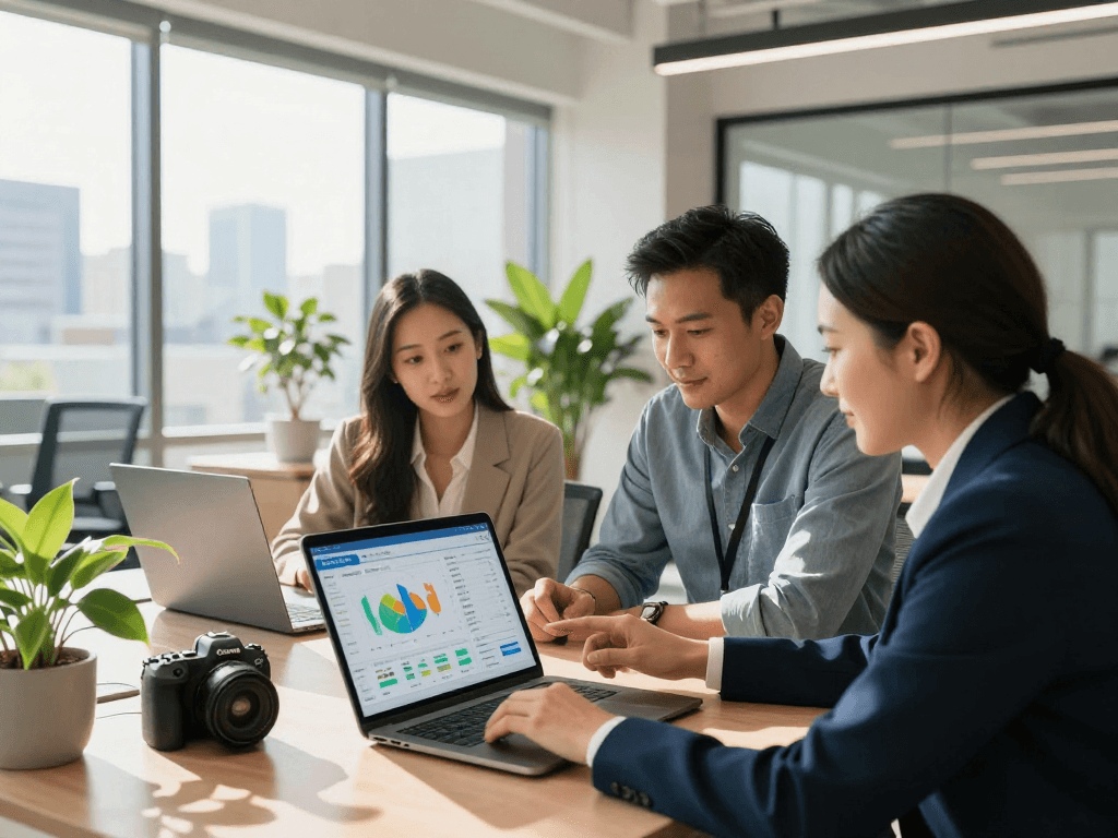 IDXSTAR dashboard collaboration in a modern real estate office, showcasing data analysis with happy agents.