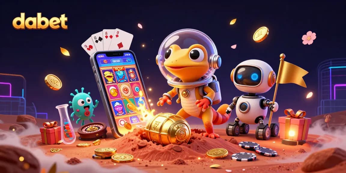 dabet offers a Martian gecko exploring a golden casino surrounded by vibrant slot game elements.