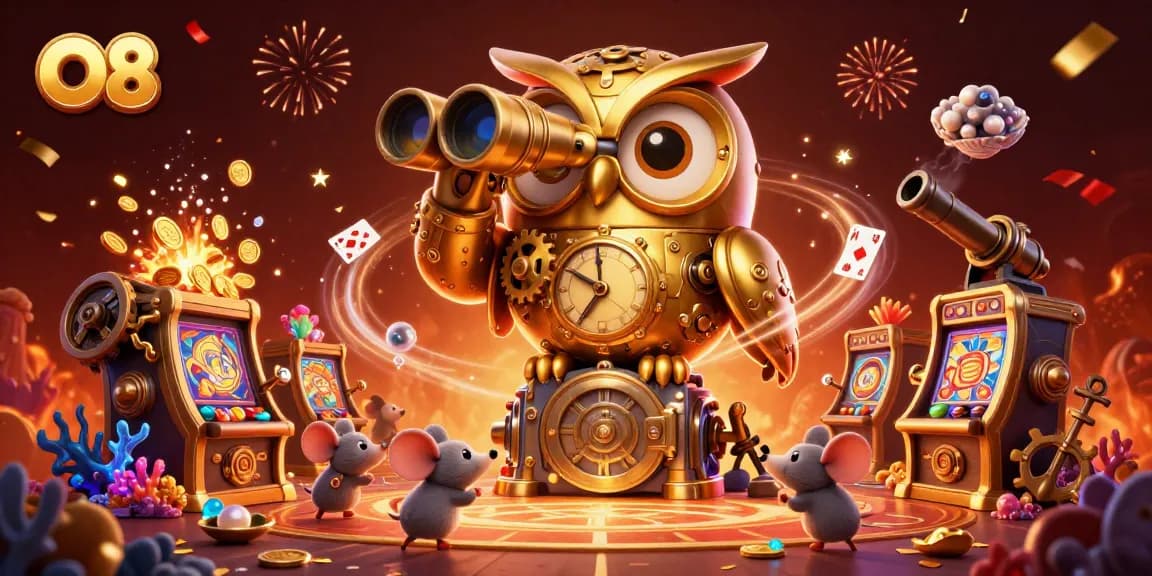 Engage with O8's vibrant casino-themed 3D illustration showcasing dynamic characters and exciting game elements.