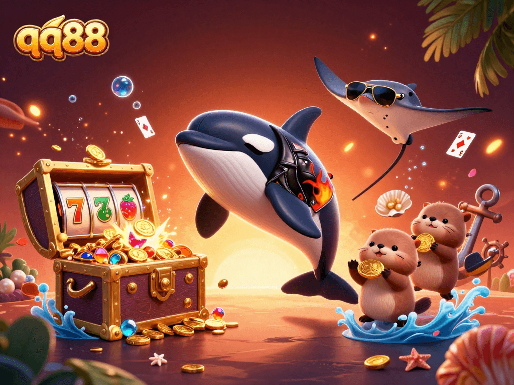 Engage with qq88 in a vibrant casino scene featuring playful characters and golden treasures.