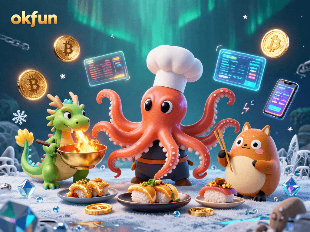Experience thrilling wins at okfun with vibrant 3D casino characters and crypto elements.