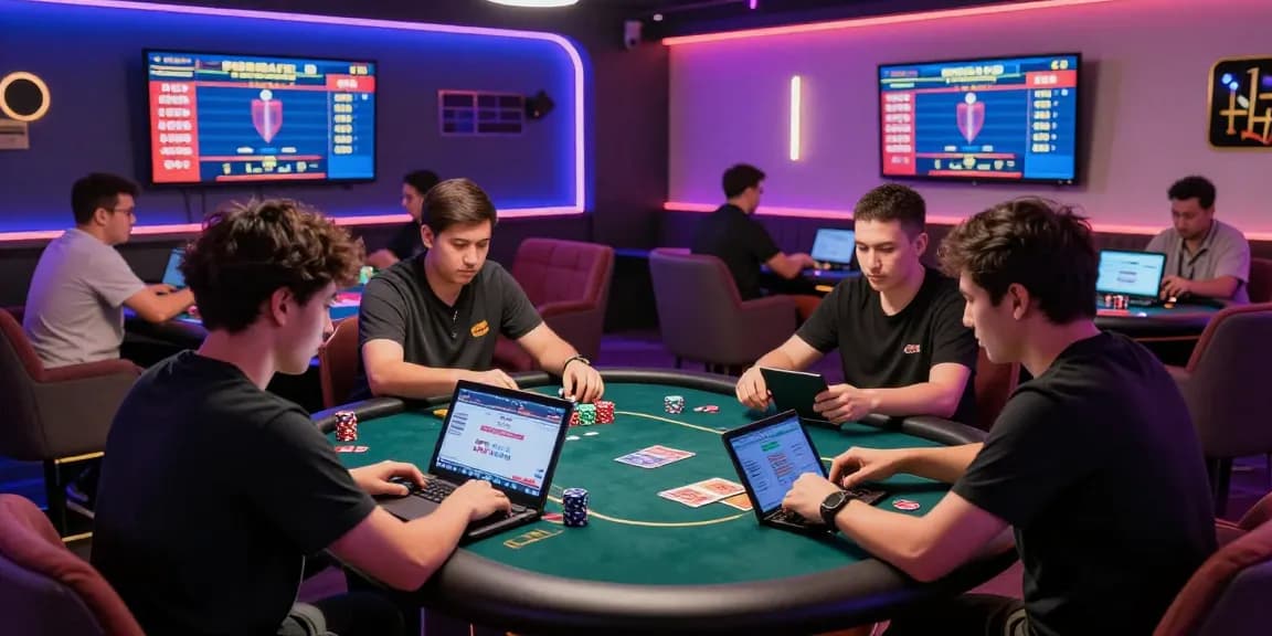 Engaged players in a vibrant online poker gaming lounge showcasing Poker Idn Terpercaya in action.