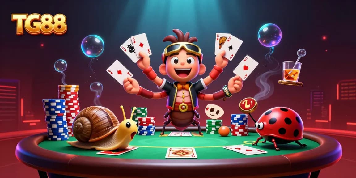 Engaging TG88 casino scene with millipede dealer, high-roller snail, and pill bug amidst dynamic poker elements.