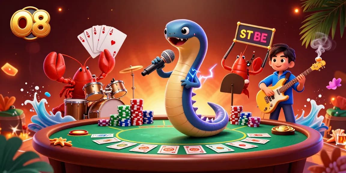Experience the thrilling world of O8 with a vibrant underwater casino scene featuring lively characters and poker elements.