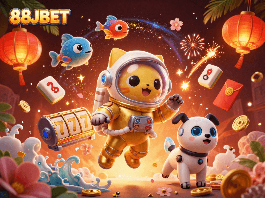 Experience the excitement of 88JBET with a 3D cartoon illustration featuring a floating astronaut cat and treasures.