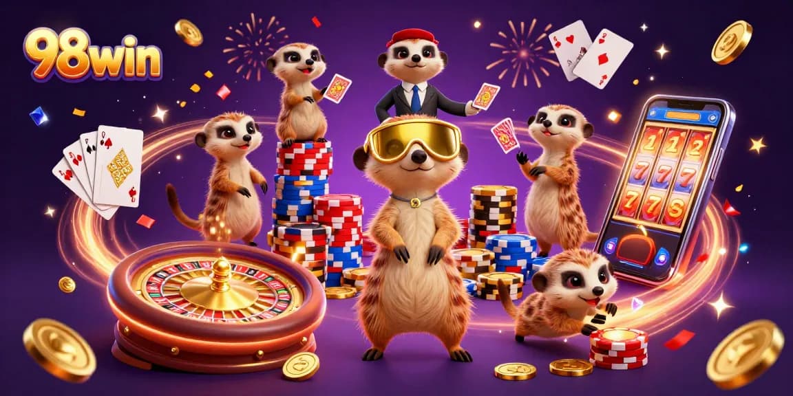 Experience the excitement of 98win as meerkats run a lively casino filled with sparkling gems and golden coins.