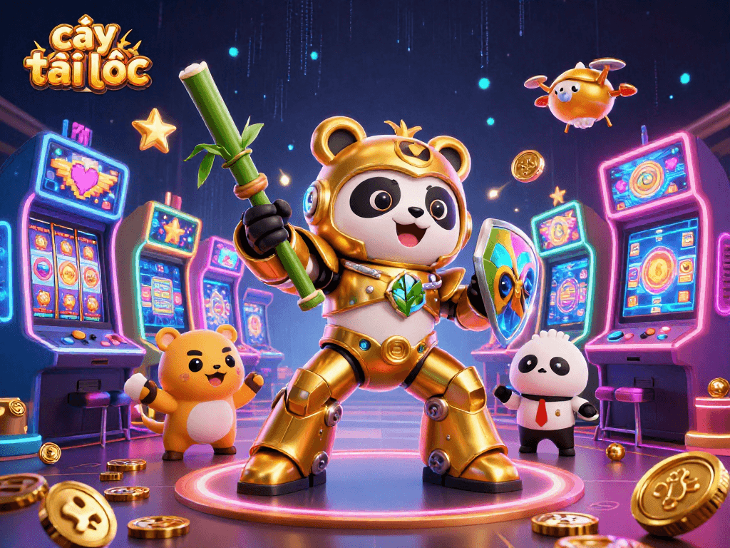 Engage in exciting gameplay with cây tài lộc, showcasing vibrant slot machines and a dynamic arena.
