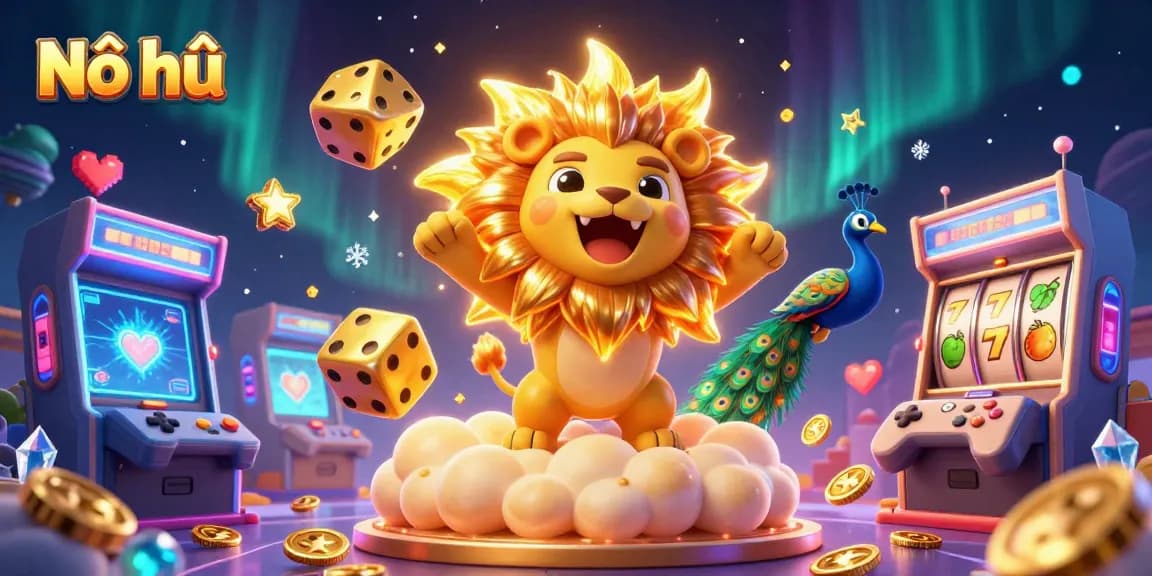 Nổ hũ vibrant scene showcasing a roaring lion, golden dice, and game elements in a dynamic casino atmosphere.