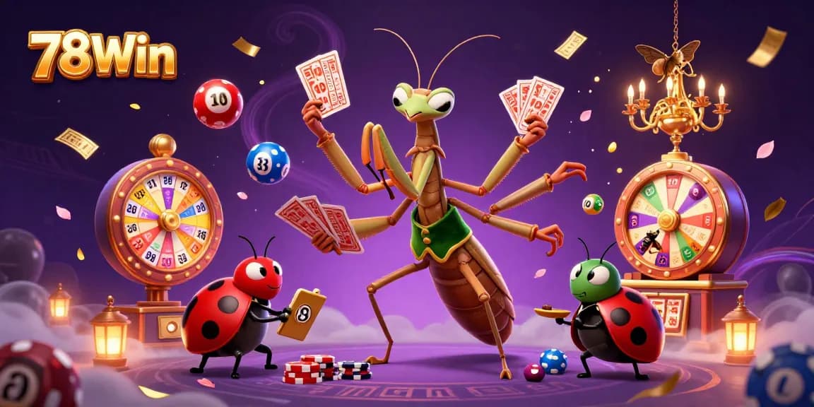 Engage in thrilling gameplay at 78Win with a vibrant casino scene featuring dynamic lottery elements and animated characters.